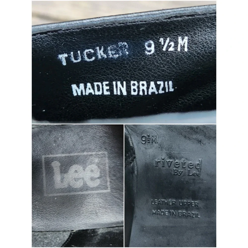 Vintage Lee Riveted Tucker Ankle Boots Black Leather Block Heel Zip Up Size 9.5M